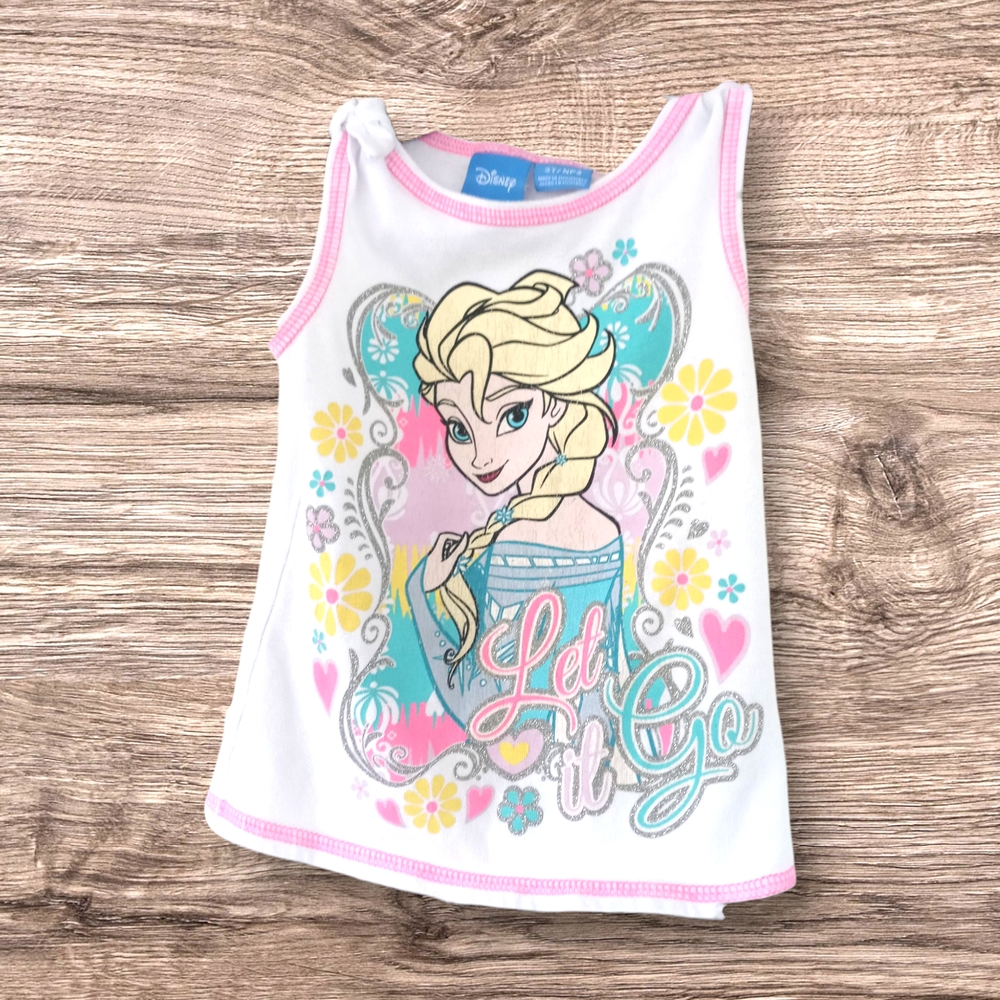 M8) Disney Frozen Elsa “Let It Go” Tank Top Girls Size 3T White Pink Trim